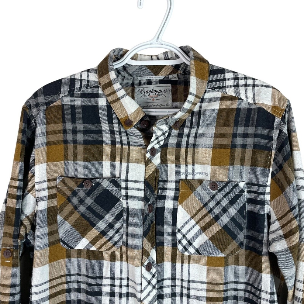 Craghoppers Mens Flannel Shirt Medium Brown Plaid L/S Cotton Button Down RollTab